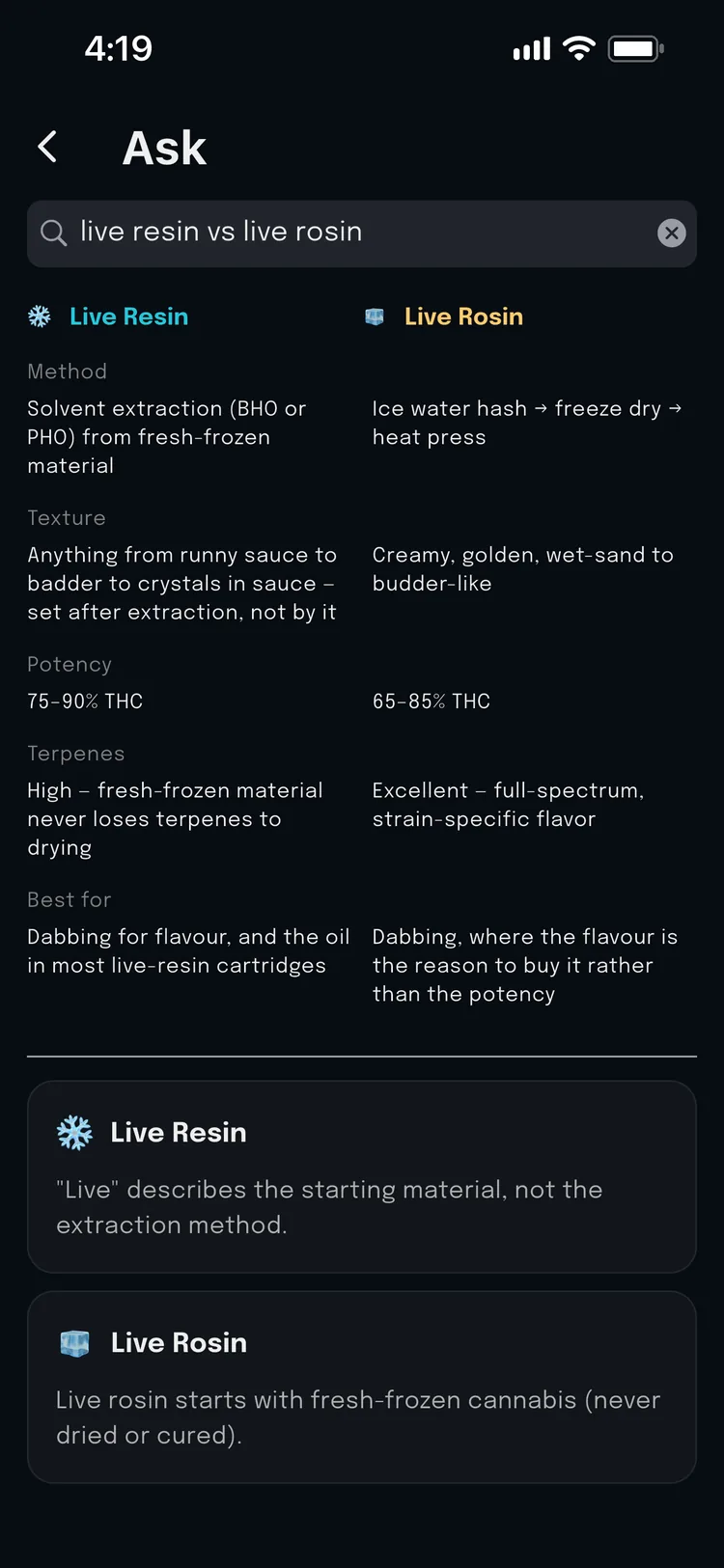 The Ask screen answering "live resin vs live rosin" as a side-by-side table: extraction method, texture, potency at 75 to 90 percent against 65 to 85, terpene retention, and what each is best for — followed by a note that live describes the starting material, not the method.
