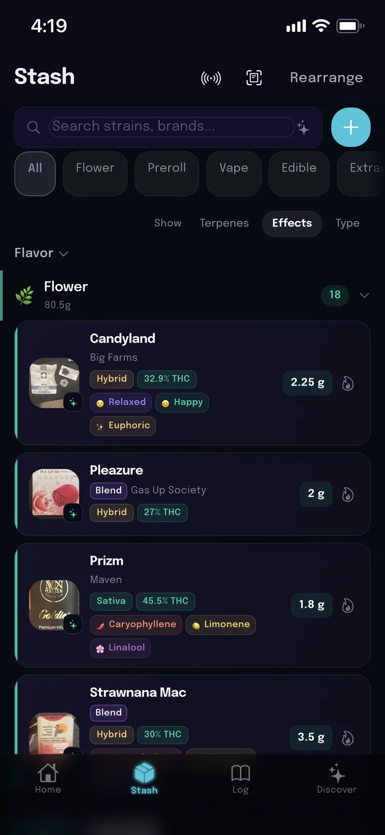 The stash grouped by category, showing 80.5 grams of flower across 18 items, each with grams remaining, THC percentage and effect or terpene tags, most with a photo of the packaging.
